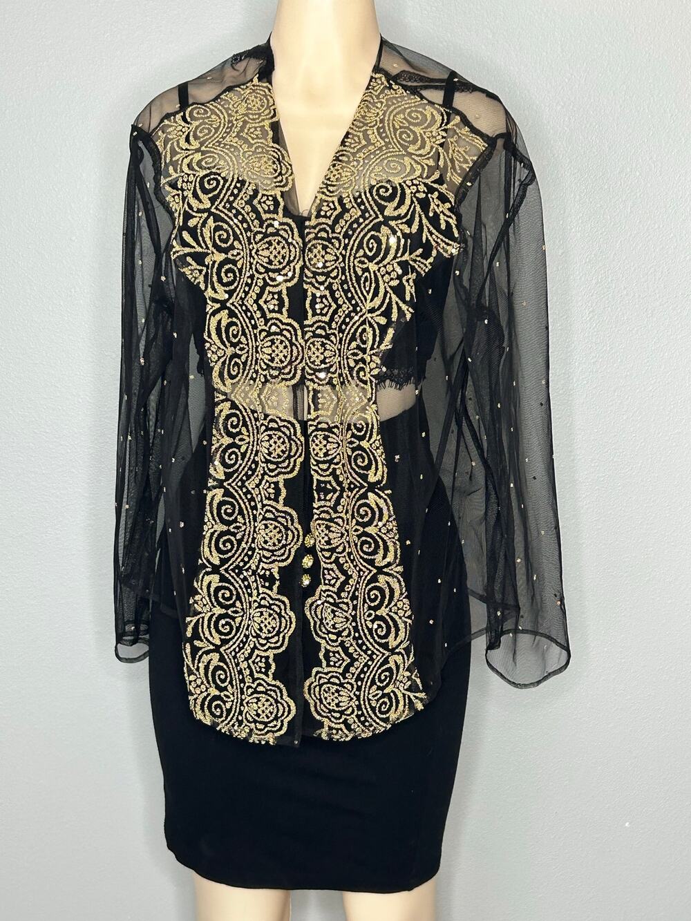 Whimsigoth J.R. Nites Woman Plus Size 2X Black Gold Embroidered Sheer Jacket Top